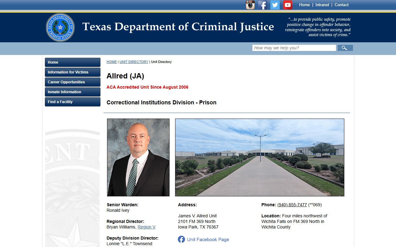 James V. Allred Unit inmate records and TDCJ unit profile page