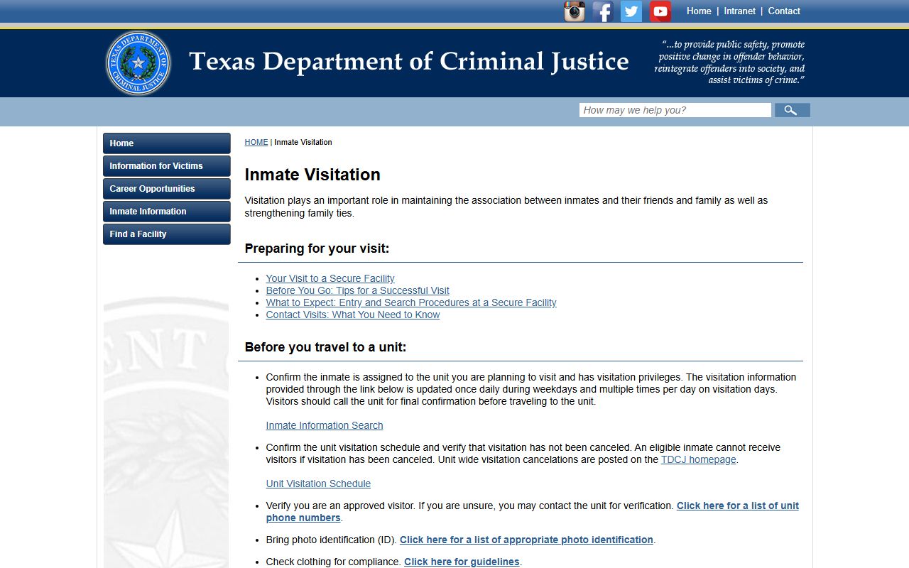 James V. Allred Unit visitation rules through the TDCJ visitation page